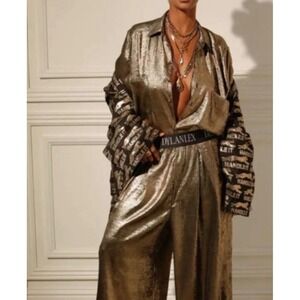 DylanLex long sleeve gold shirt Button down long sleeve old money round hem glam